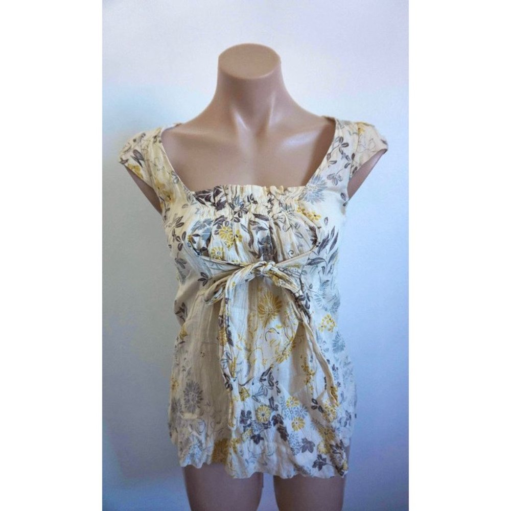 CUE 8 designer CAP SLEEVE gathered blouse feminine top FLORAL print fully lined♡ - Picture 5 of 7